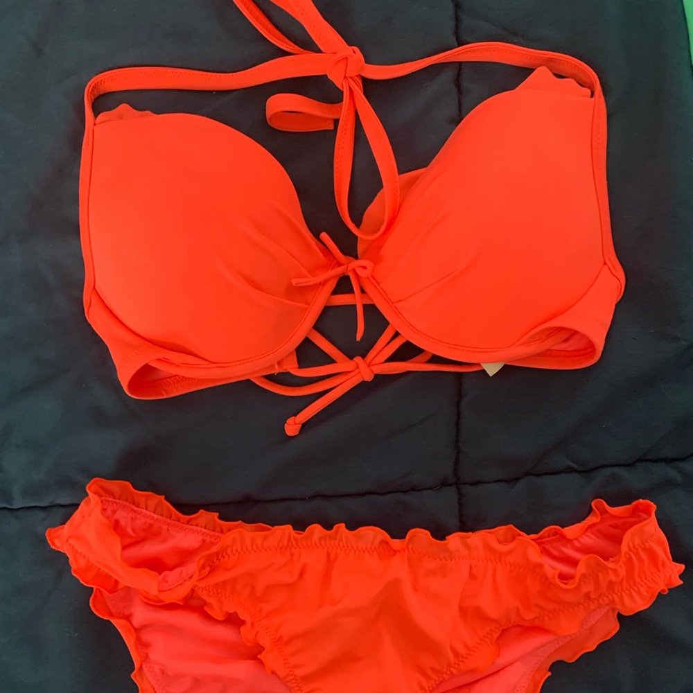 Neon bikini with matching ruffle edge cheeky bottom